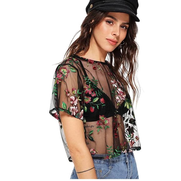 Black Floral Rose Embroidered Transparent Mesh Short Sleeve Crop Top - Picture 2 of 6